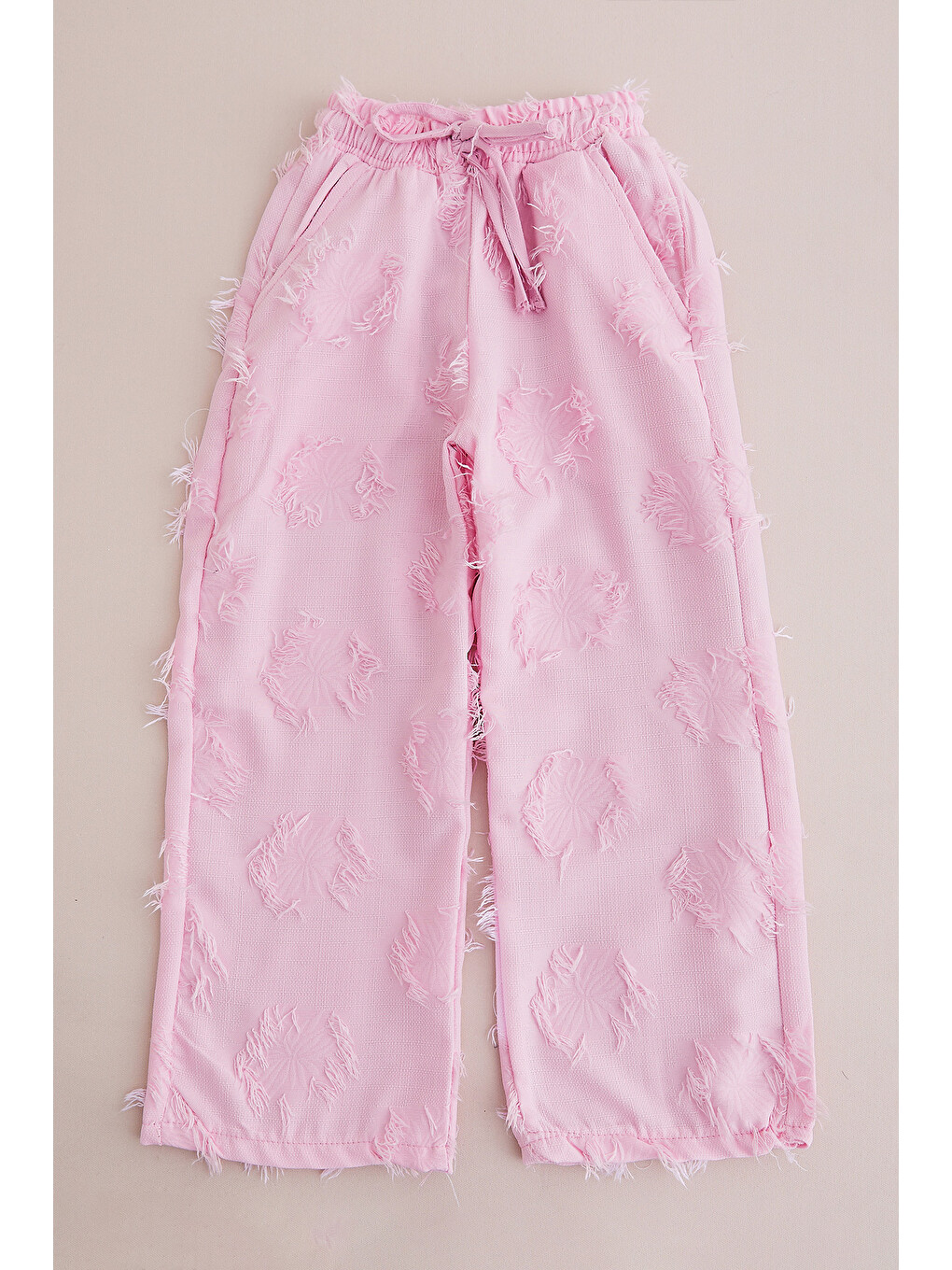 Pembe Püsküllü Beli Lastikli Kız Çocuk Palazzo Pantolon