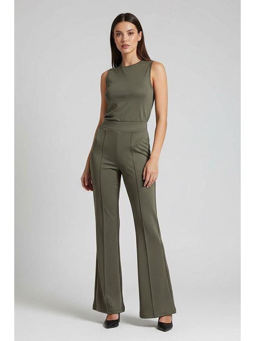 Haki Yeşili Yüksek Bel Flare Paça Günlük Kadın Pantolon Mg2645