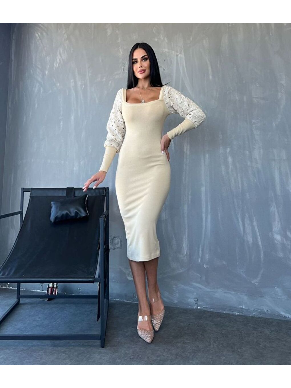 Bej Kadın Kare Yaka Kolları Manşet Ve Tül Detay Fırsat ürün Midi Boy Elbise-1