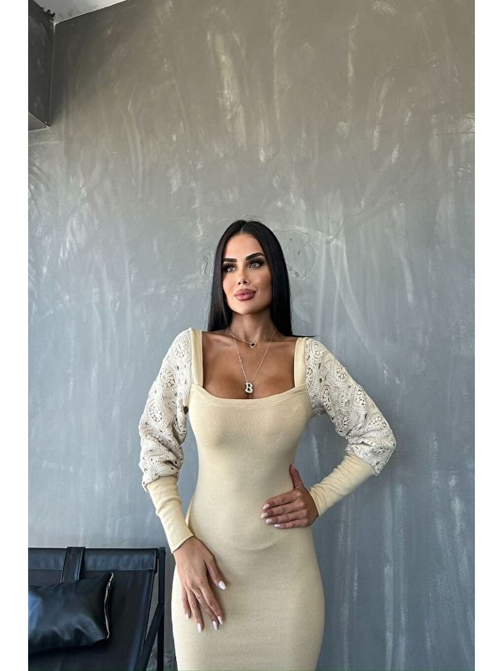 Bej Kadın Kare Yaka Kolları Manşet Ve Tül Detay Fırsat ürün Midi Boy Elbise-2