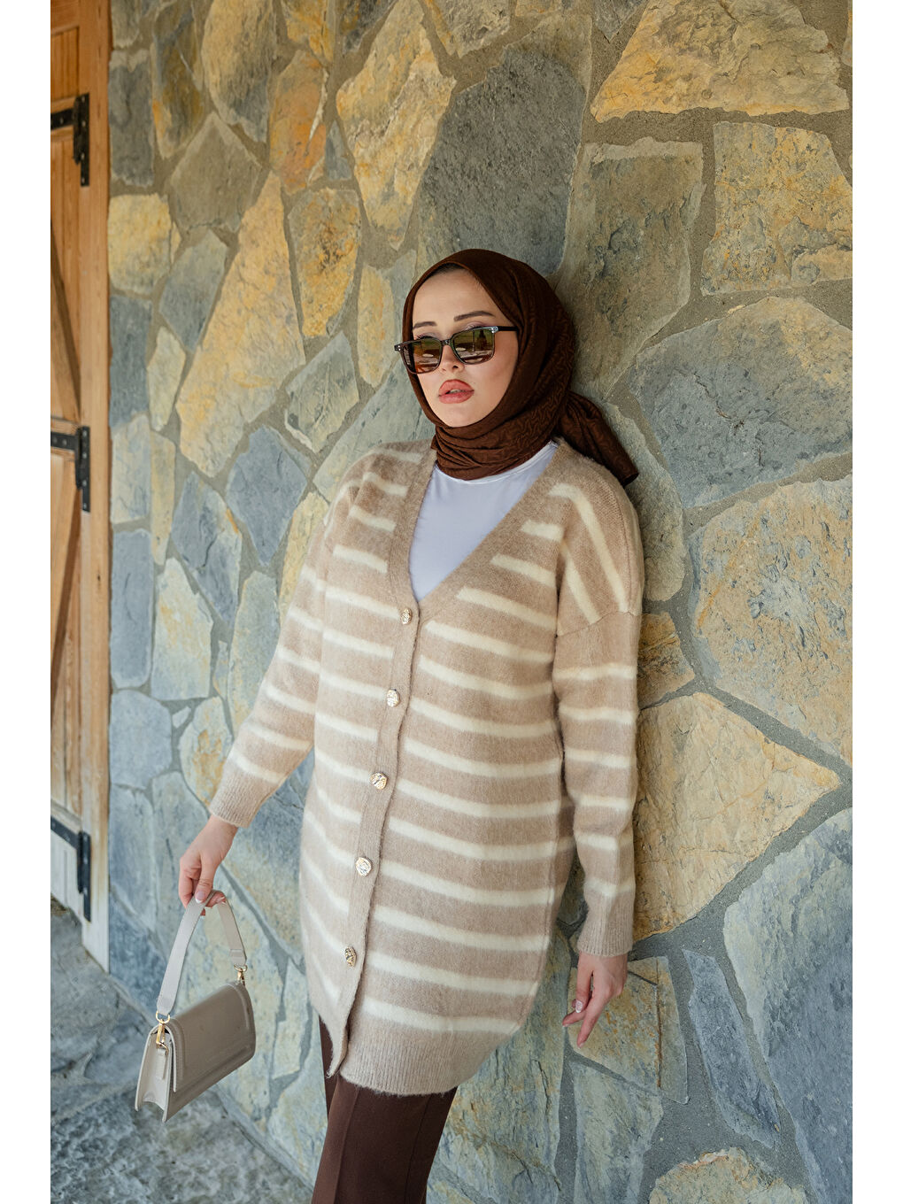 Bej Kadın Çizgili Uzun Triko Ceket Vizon-2