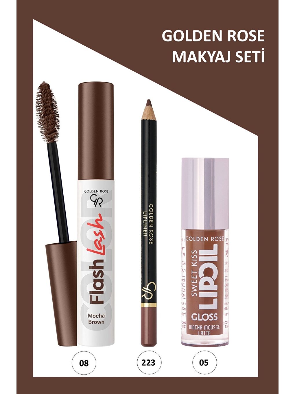 Flash Lash Renkli Maskara No:08 & Lipliner No:223 & Sweet Kiss Meyveli Dudak Parlatıcı No:05 Makyaj