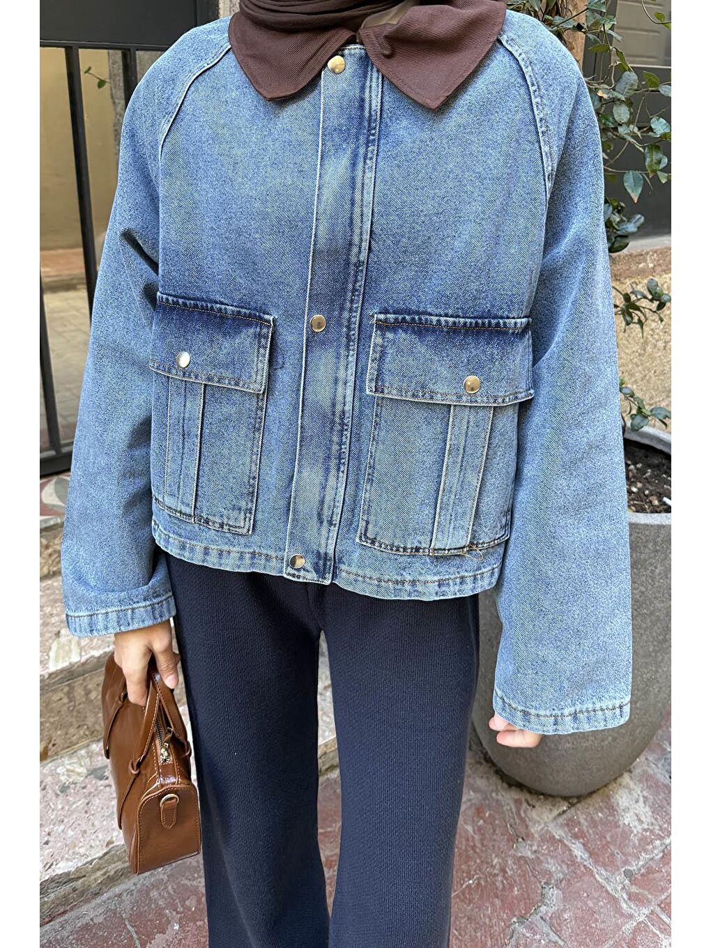 Çıtçıtlı Denim Ceket Acı Kahverengi-2