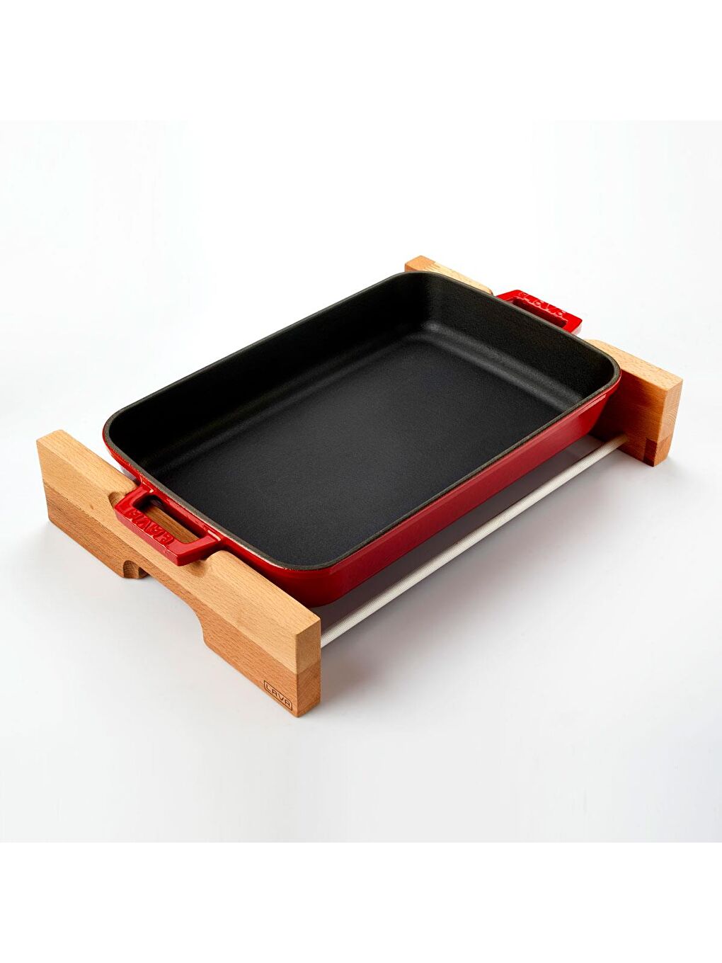 Kırmızı Dikdörtgen Rosto ve Fırın Tepsisi Kayın Servis Ahşabı Döküm Demir Yekpare Çift Kulplu Ölçü 22x30cm.-2