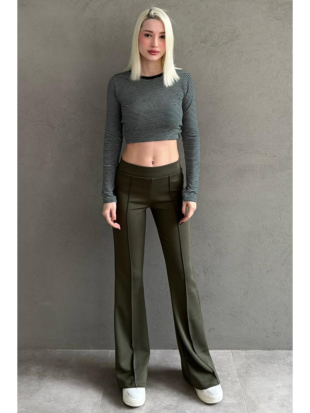 Haki Yeşili Yüksek Bel Flare Paça Günlük Kadın Pantolon Mg2645-3