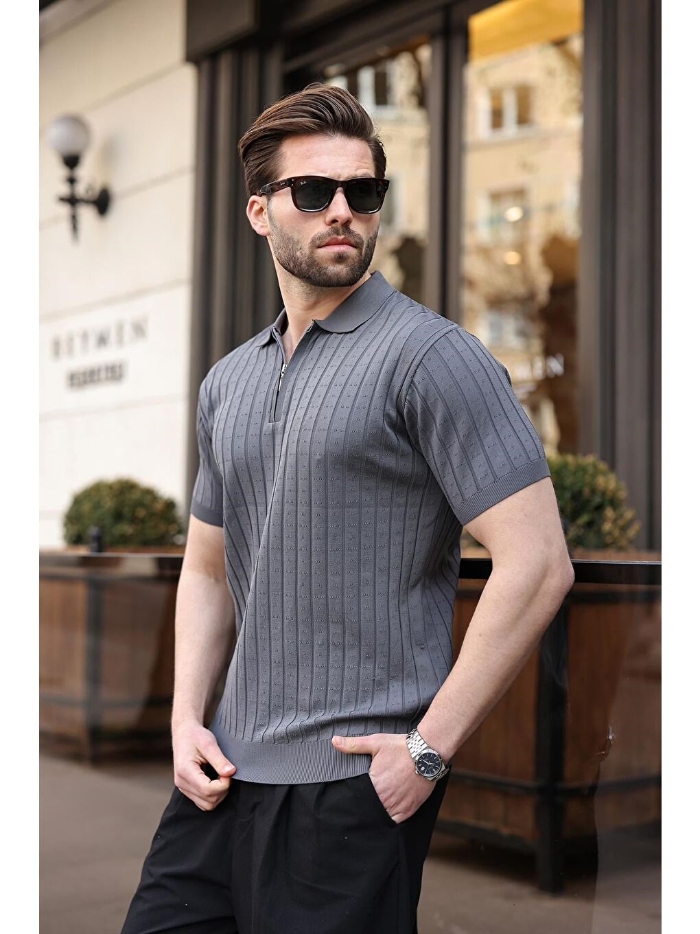 Antrasit Polo Yaka Slim Fit Triko Erkek Tişört E7465