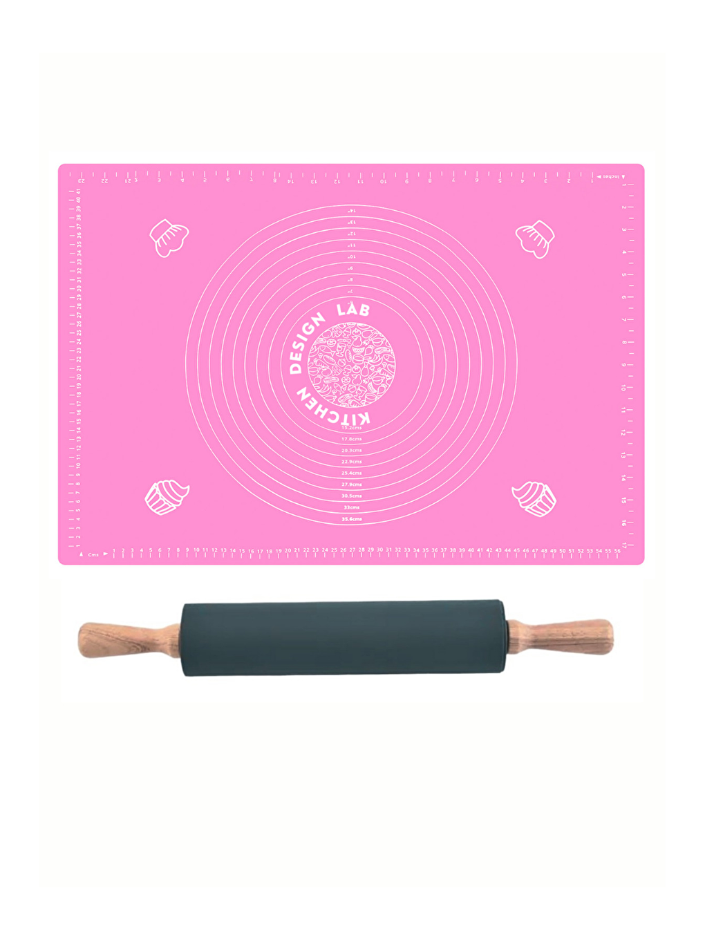 Pembe 45x65 Cm Silikon Hamur Açma Matı Ve Bambu Saplı Silikon Merdane