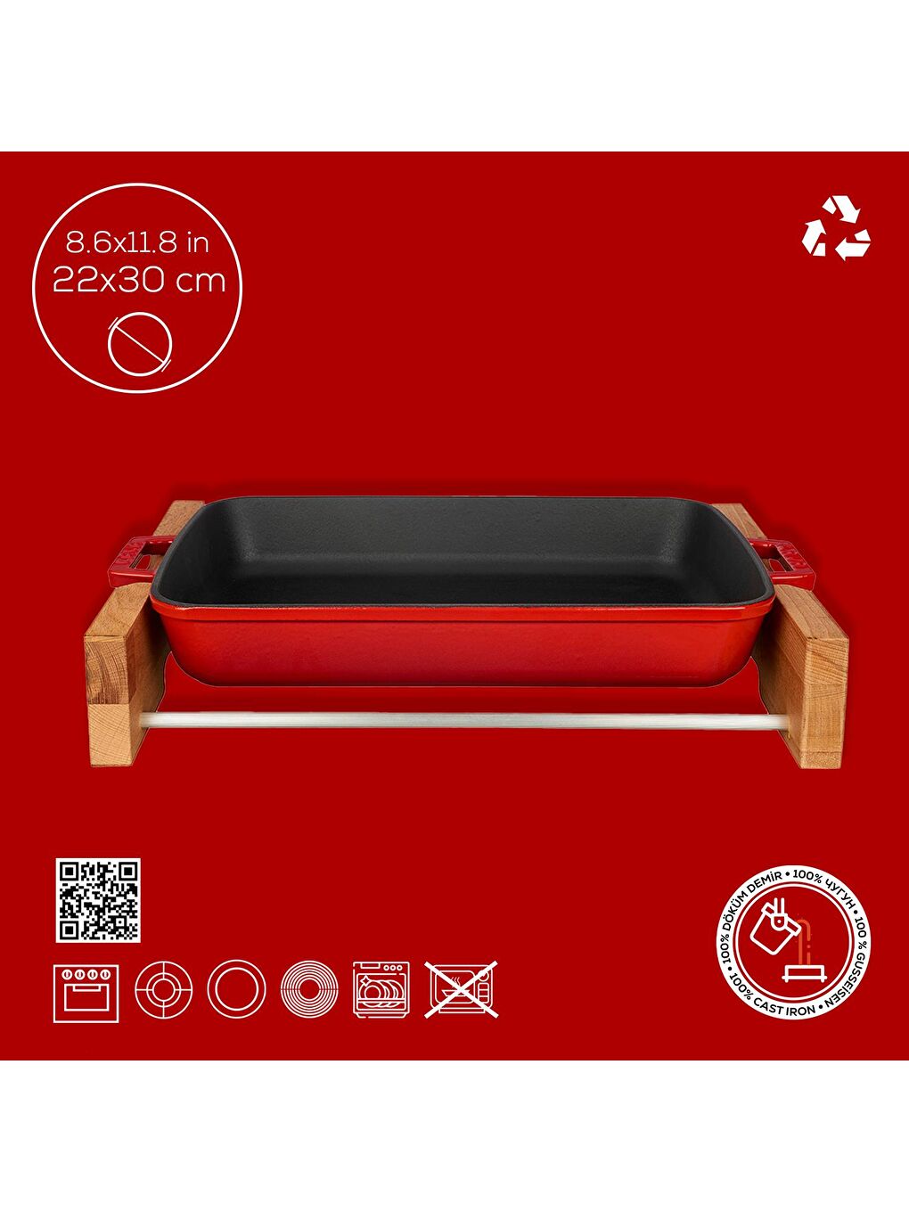 Kırmızı Dikdörtgen Rosto ve Fırın Tepsisi Kayın Servis Ahşabı Döküm Demir Yekpare Çift Kulplu Ölçü 22x30cm.-3