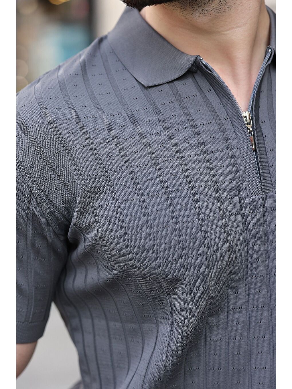 Antrasit Polo Yaka Slim Fit Triko Erkek Tişört E7465-1