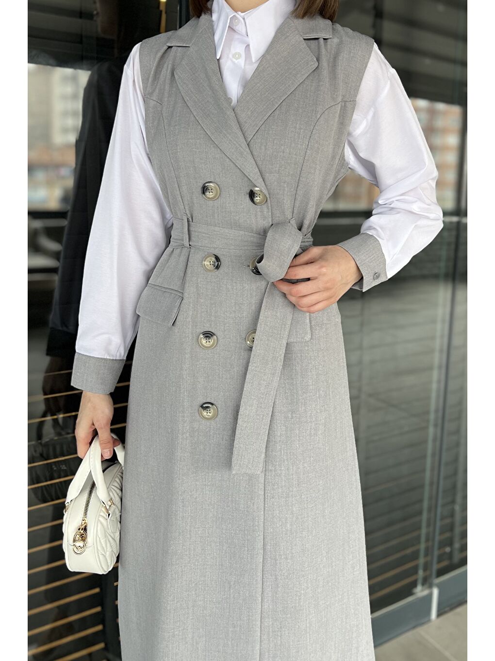 Gri Kadın Gömlek Elbise İkili Takım-2