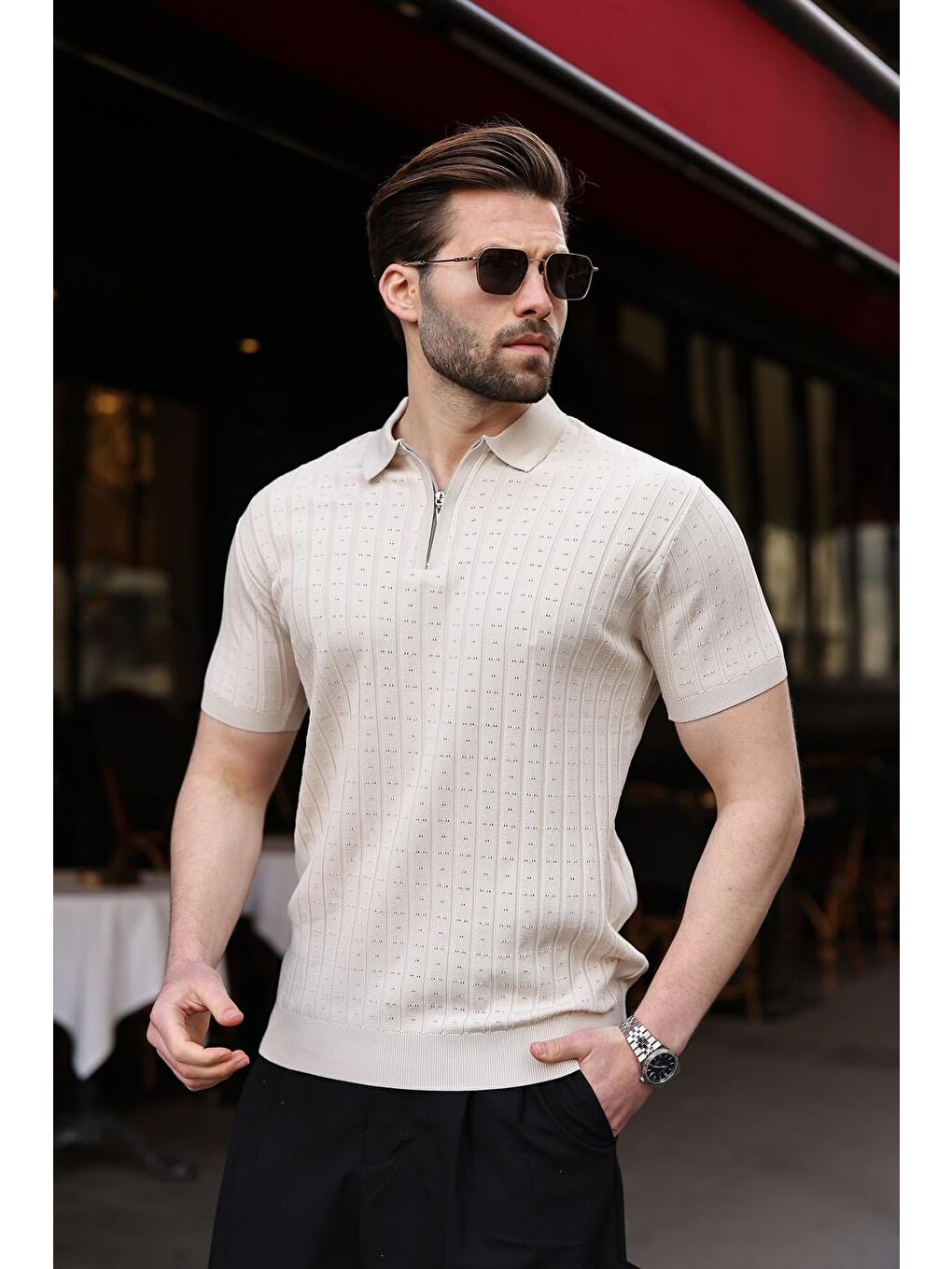 Bej Taş Rengi Polo Yaka Slim Fit Triko Erkek Tişört E7465