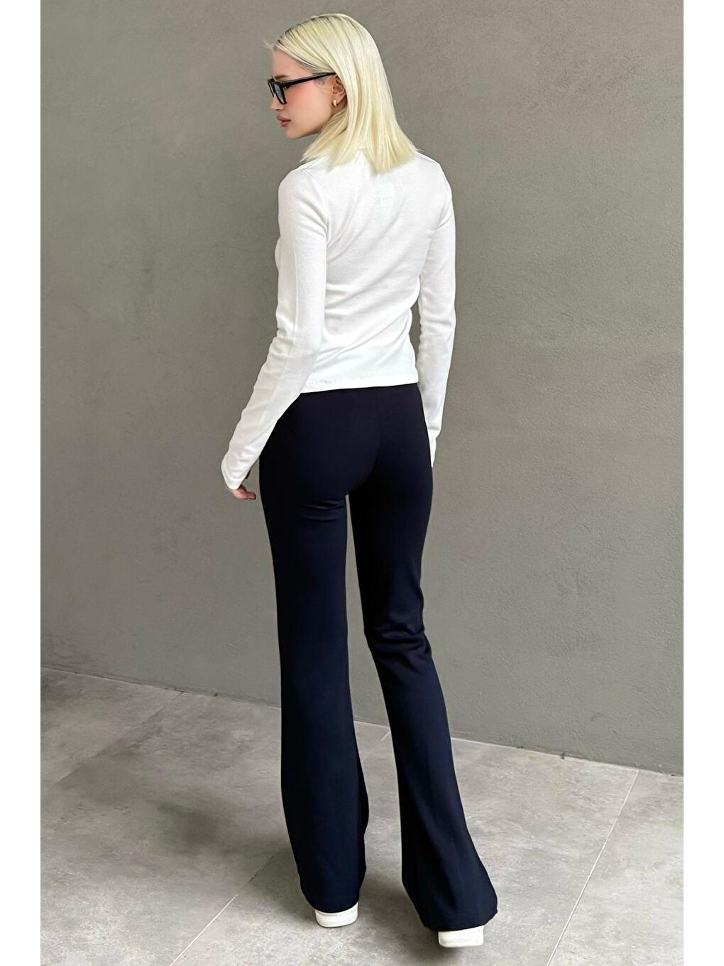 Lacivert Yüksek Bel Flare Paça Günlük Kadın Pantolon Mg2645-1