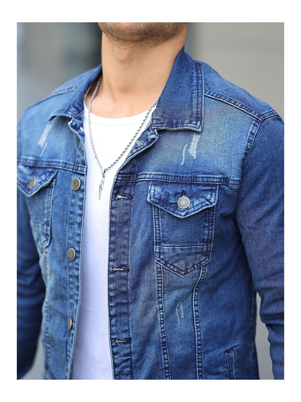 Lacivert Erkek A Kalite Slim Fit Denim Jean Ceket-1