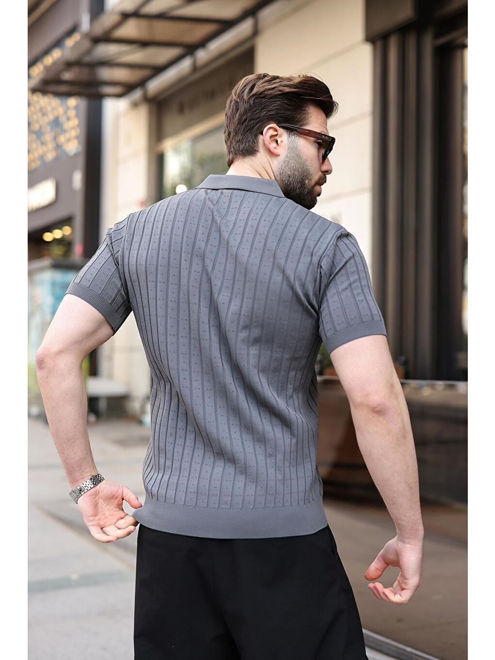 Antrasit Polo Yaka Slim Fit Triko Erkek Tişört E7465-2