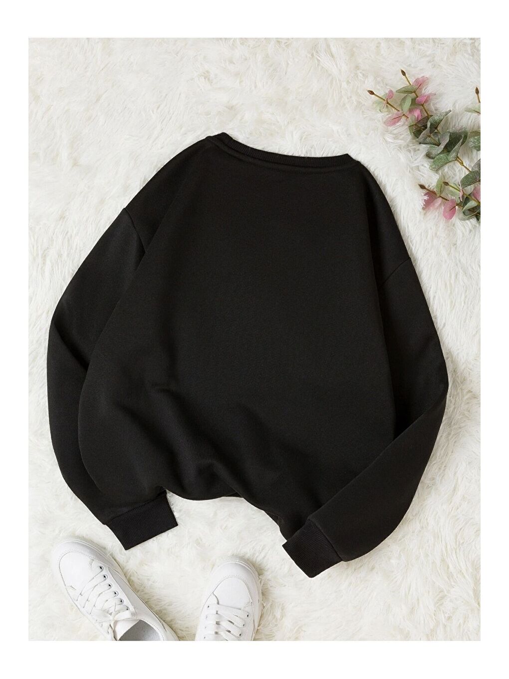 Trendseninle Kadın Siyah Flower Baskılı Bisiklet Yaka Sweatshirt - 1