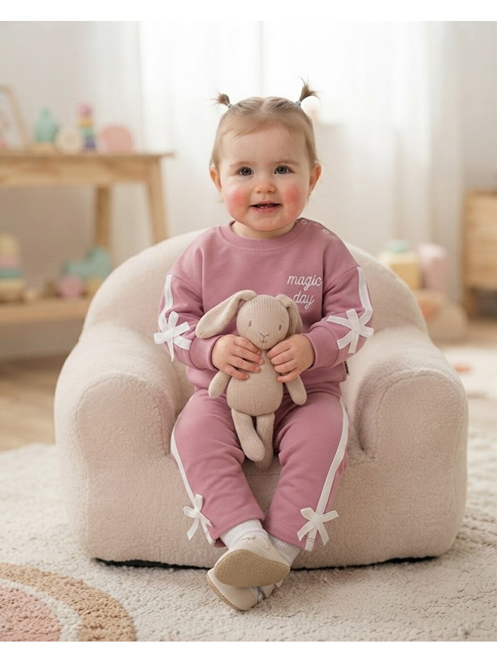 Pembe Kız Bebek Mevimlik Fiyonk Detaylı Nakışlı Mevsimlik Takım