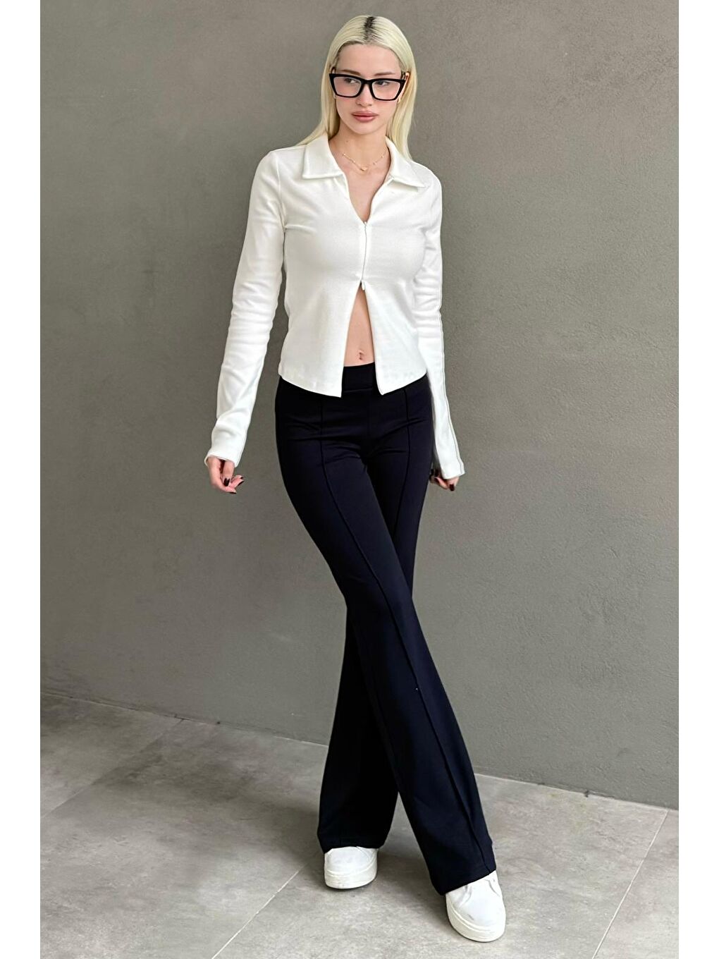 Lacivert Yüksek Bel Flare Paça Günlük Kadın Pantolon Mg2645-3