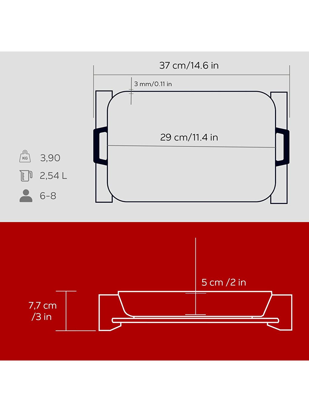 Kırmızı Dikdörtgen Rosto ve Fırın Tepsisi Kayın Servis Ahşabı Döküm Demir Yekpare Çift Kulplu Ölçü 22x30cm.-4