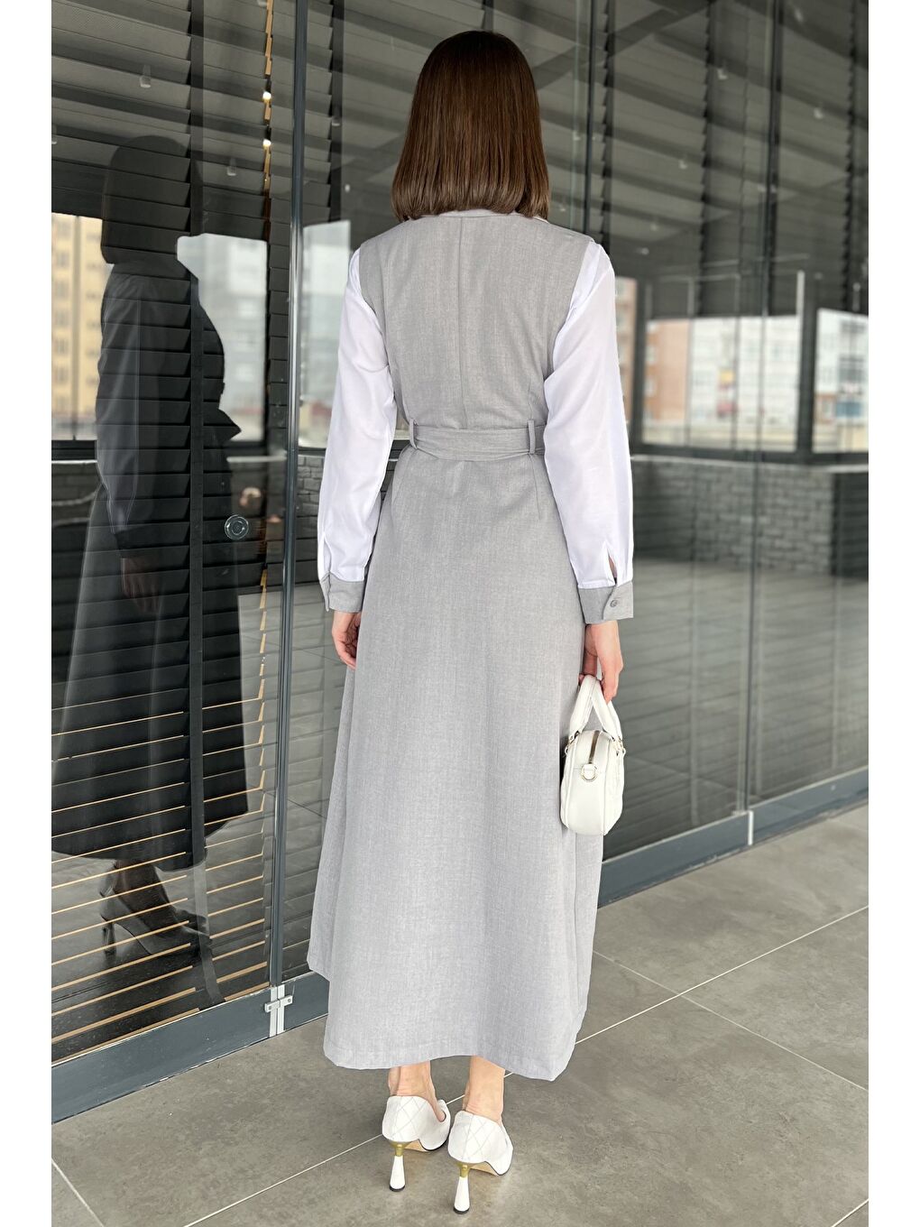 Gri Kadın Gömlek Elbise İkili Takım-3