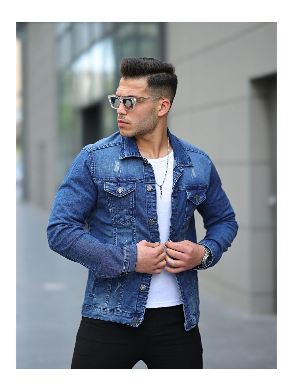 Lacivert Erkek A Kalite Slim Fit Denim Jean Ceket-2