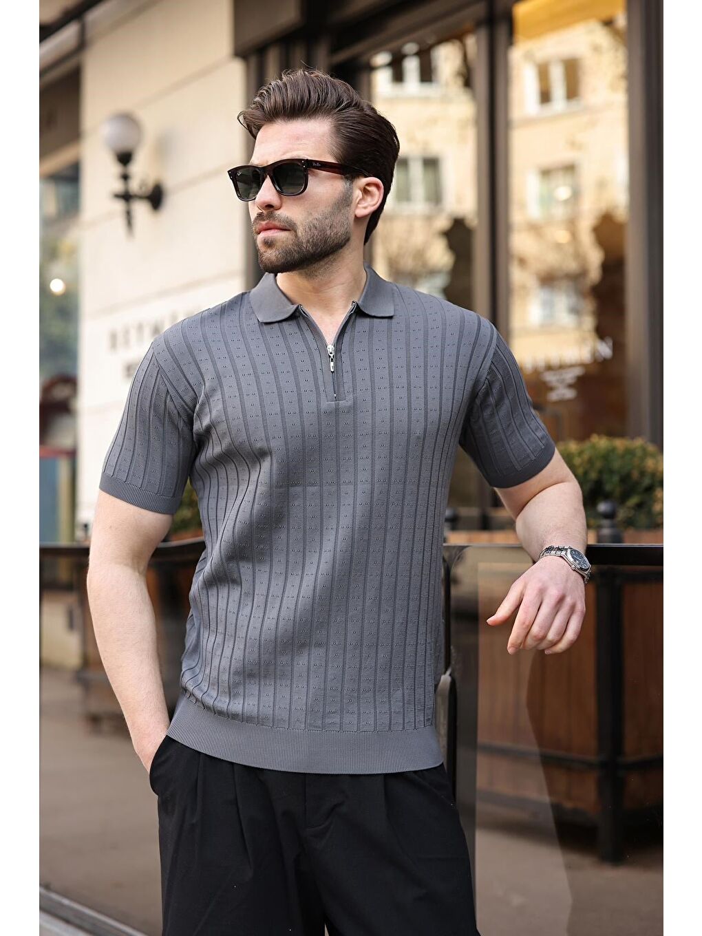 Antrasit Polo Yaka Slim Fit Triko Erkek Tişört E7465-3