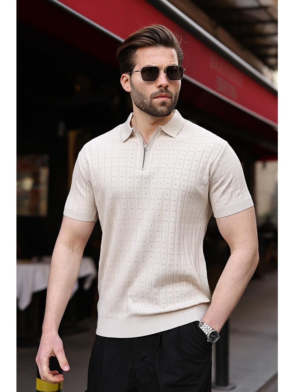 Bej Taş Rengi Polo Yaka Slim Fit Triko Erkek Tişört E7465-1