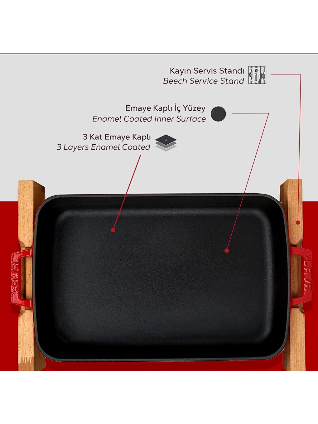 Kırmızı Dikdörtgen Rosto ve Fırın Tepsisi Kayın Servis Ahşabı Döküm Demir Yekpare Çift Kulplu Ölçü 22x30cm.-5
