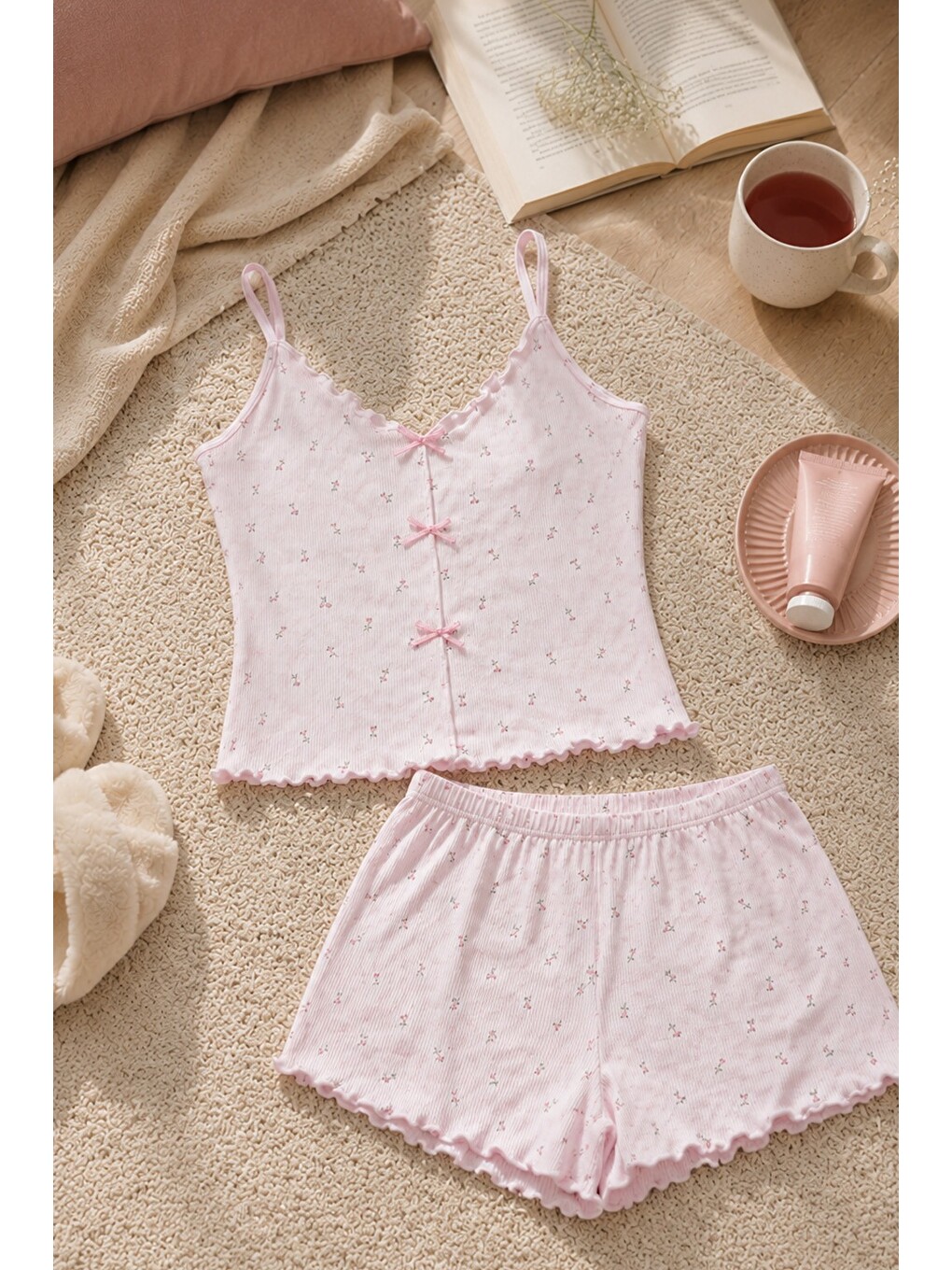 Pembe Kadın İnce Askılı Fiyonklu Pamuklu Şortlu Pijama Takımı