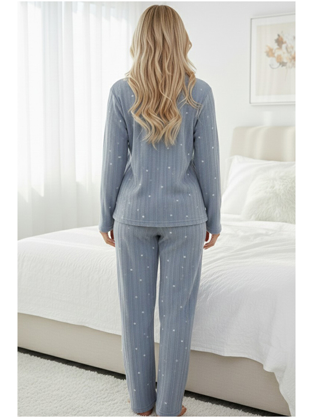 Mavi Desenli Düğmeli Polar Kışlık Örme Pijama Takım-2