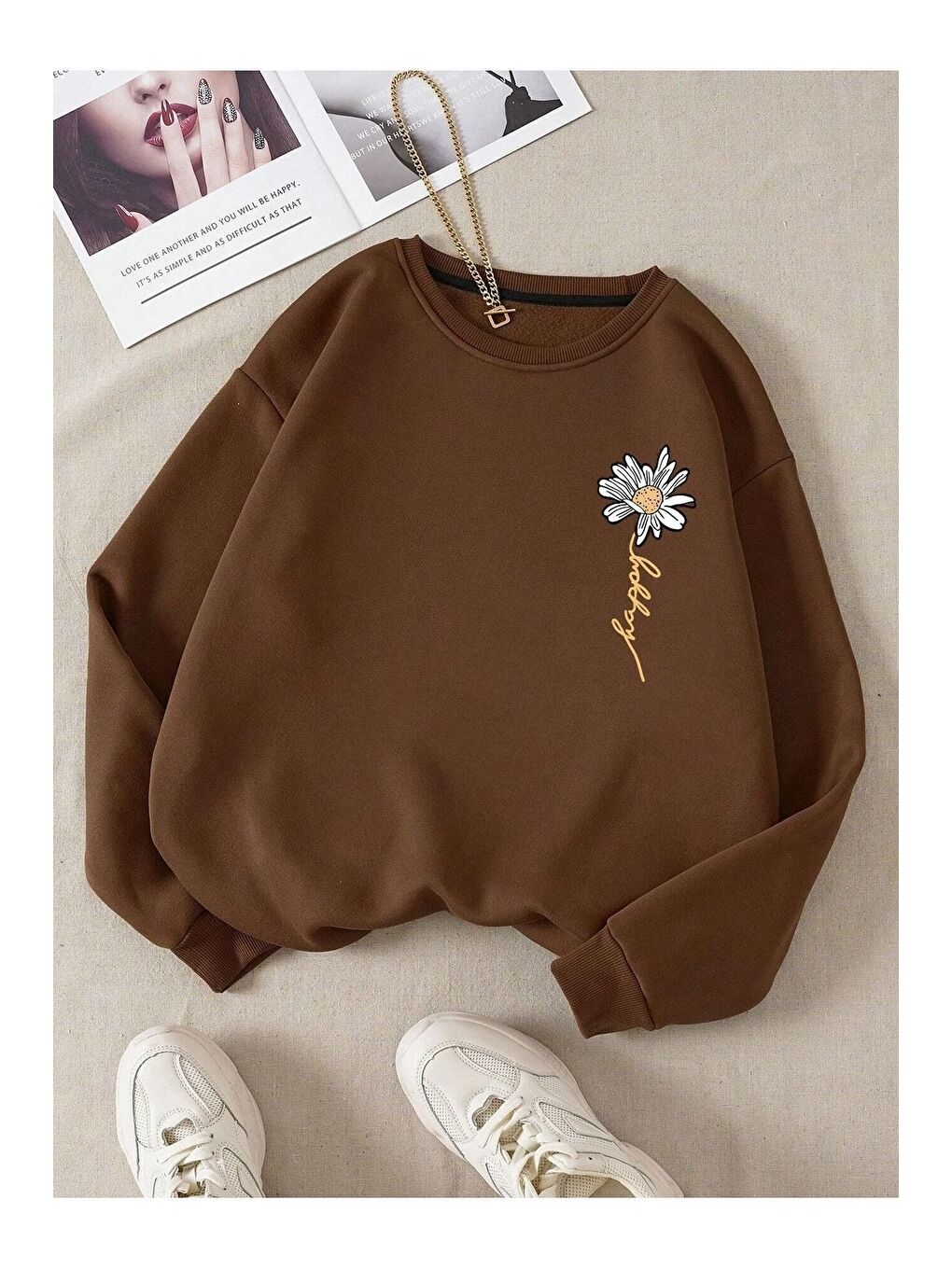 Trendseninle Kadın Kahverengi Flower Baskılı Bisiklet Yaka Sweatshirt