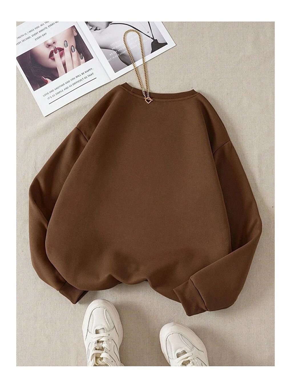 Trendseninle Kadın Kahverengi Flower Baskılı Bisiklet Yaka Sweatshirt - 1