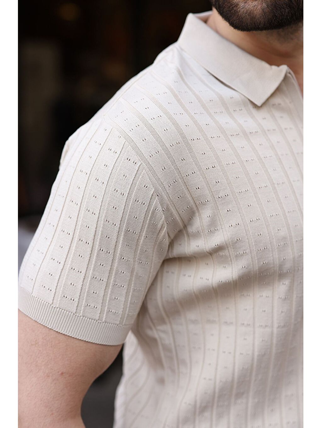 Bej Taş Rengi Polo Yaka Slim Fit Triko Erkek Tişört E7465-2