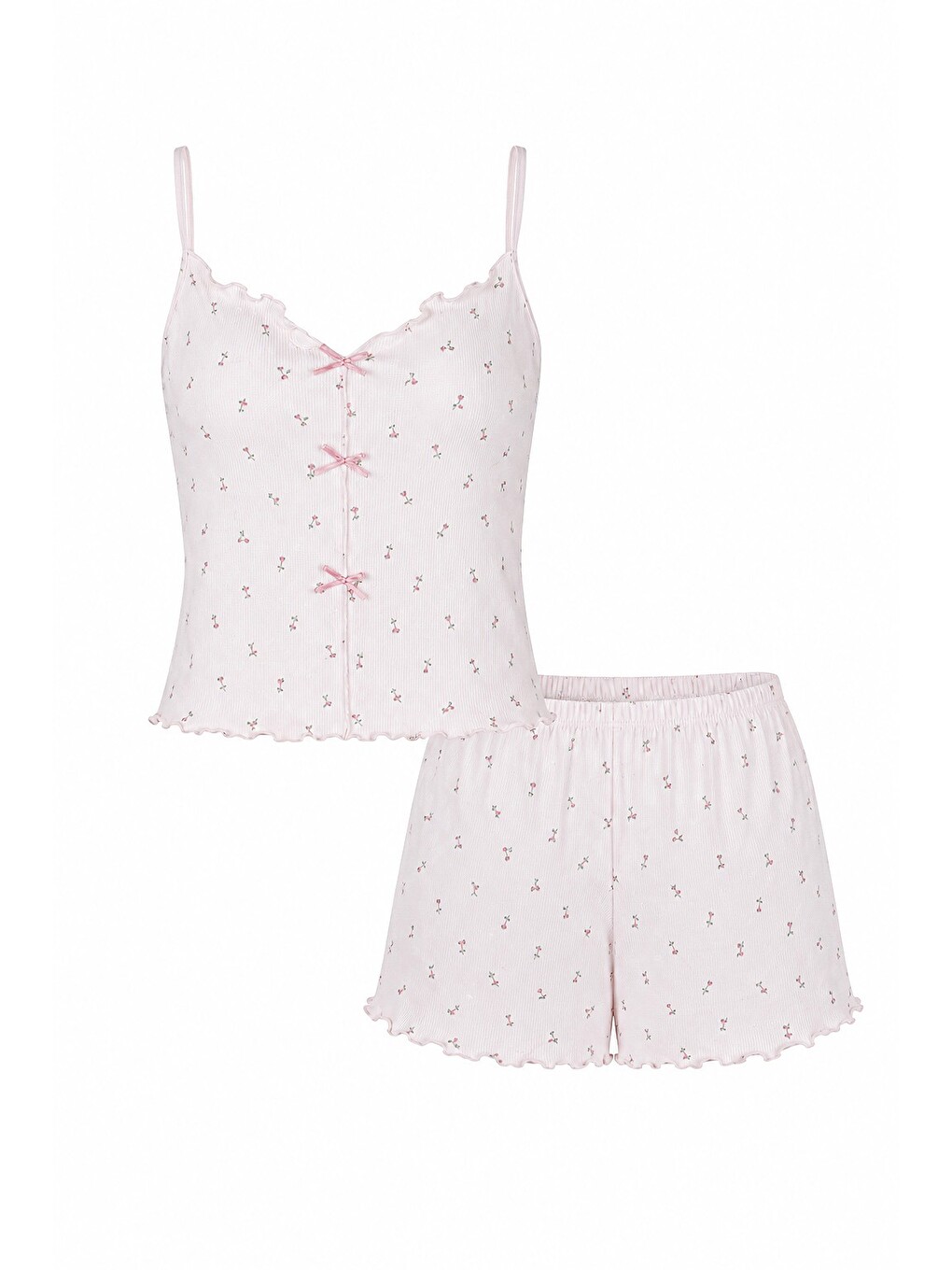 Pembe Kadın İnce Askılı Fiyonklu Pamuklu Şortlu Pijama Takımı-1