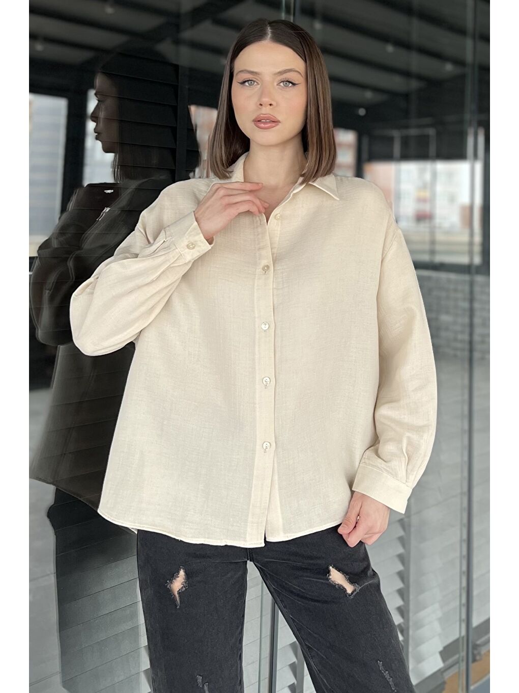 Bej Kadın Uzun Kol Basic Salaş Gömlek