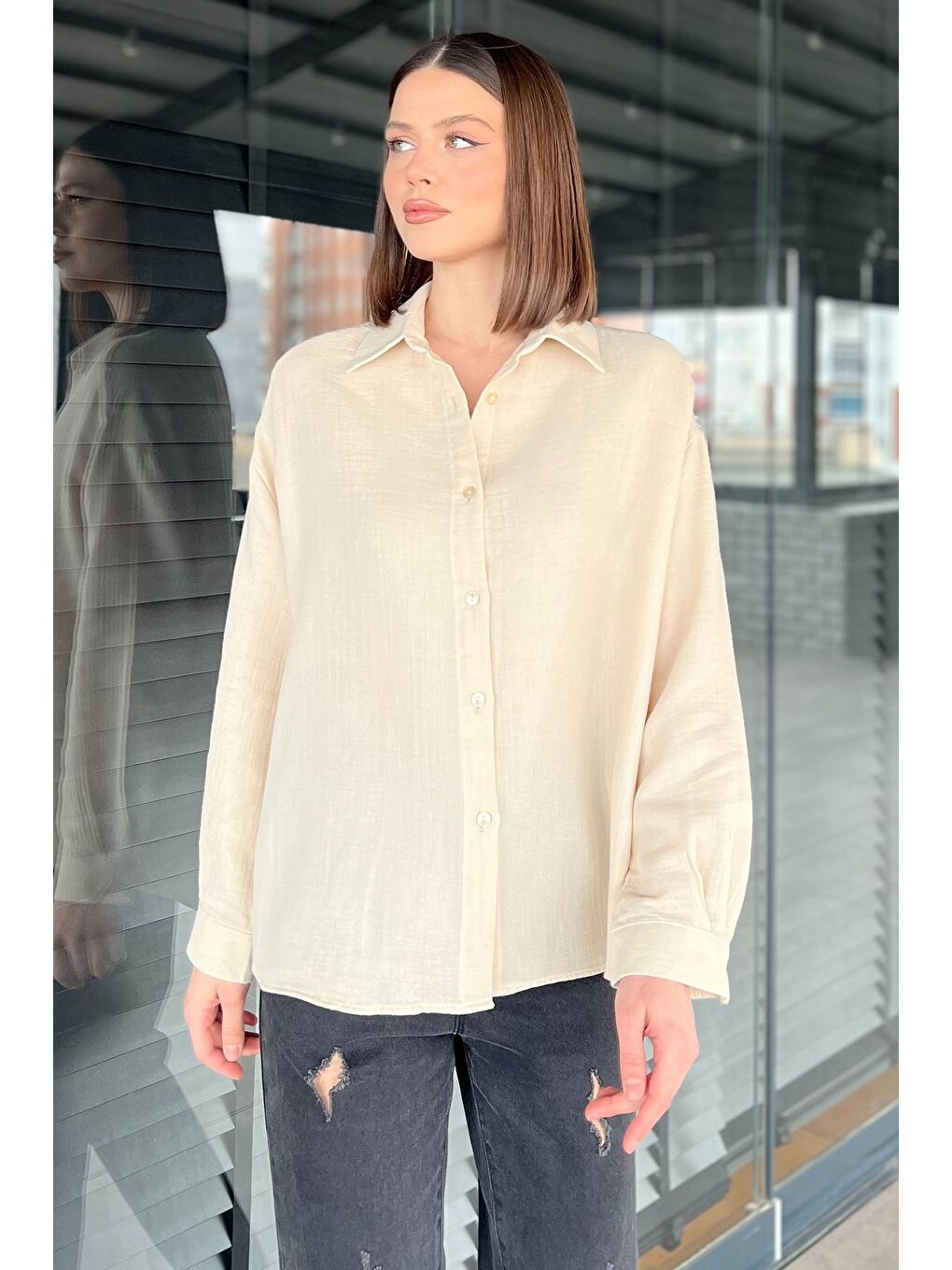 Bej Kadın Uzun Kol Basic Salaş Gömlek-1