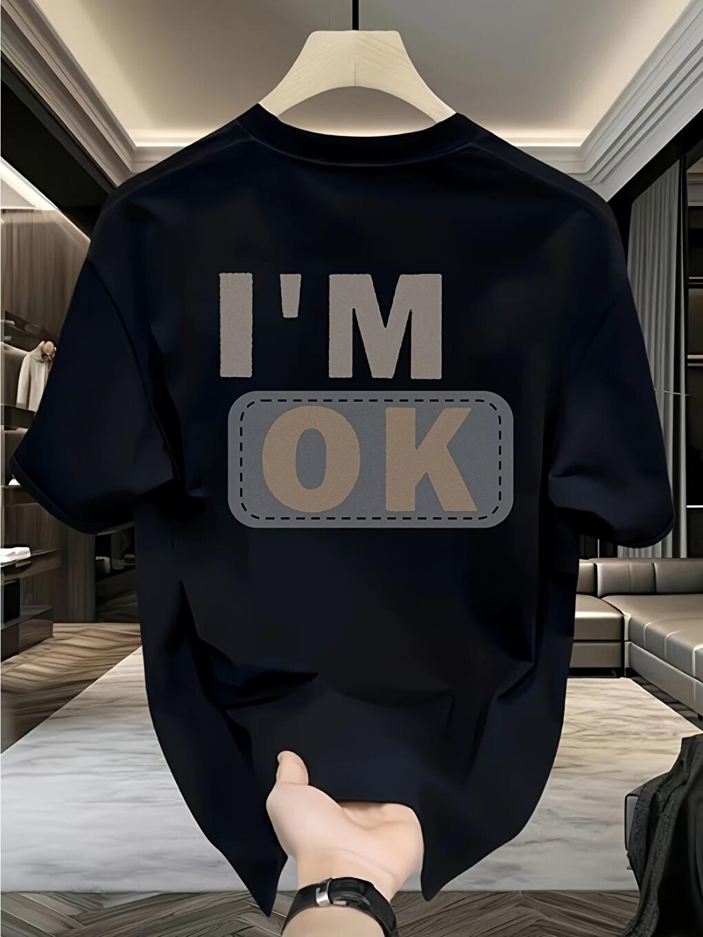 Siyah Unisex "ı'm Ok" Baskılı Oversize Pamuklu Tişört - Özel Tasarım Patch Detaylı