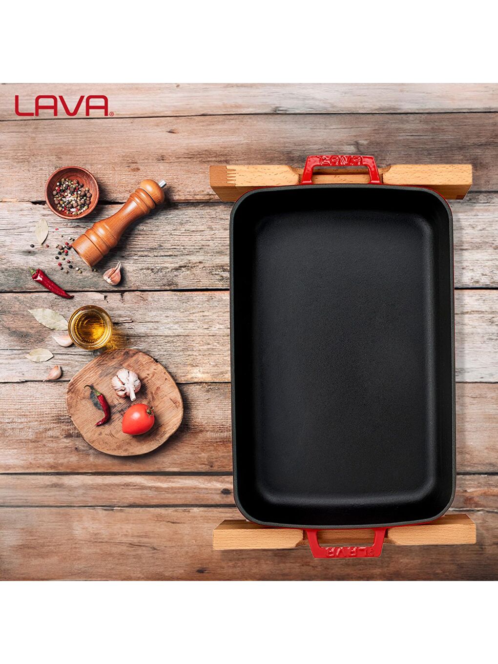 Kırmızı Dikdörtgen Rosto ve Fırın Tepsisi Kayın Servis Ahşabı Döküm Demir Yekpare Çift Kulplu Ölçü 22x30cm.-6