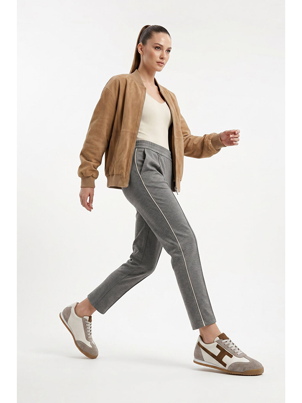 Bej Kadın YENİ BEJ Lastik Bağcıklı Hakiki Deri Sneaker-2