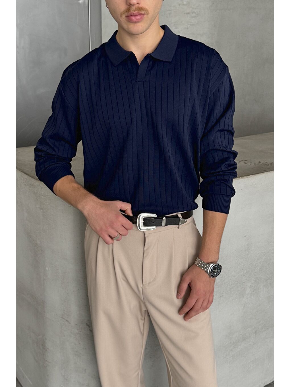 Lacivert Erkek Polo Yaka Fitilli Oversize Triko Kazak