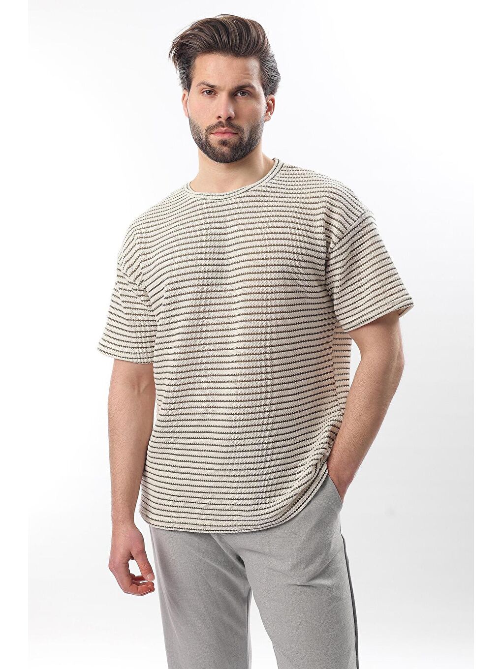 Haki Bisiklet Yaka Pamuklu Çizgili Erkek Tişört E7121