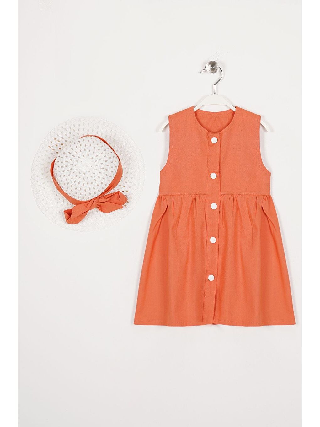 Turuncu Bisiklet Yaka Sıfır Kol Çıtçıt Düğmeli Şapkalı Oranj Renk Kız Çocuk Elbise