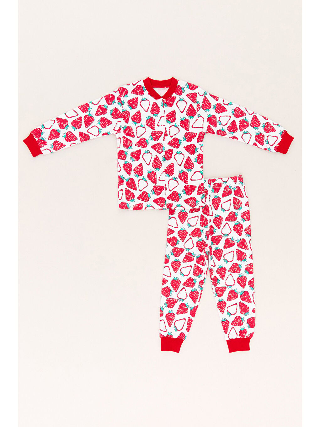 Beyaz %100 Pamuk Çilek Baskılı Çıtçıtlı Kız Çocuk Pijama Takımı