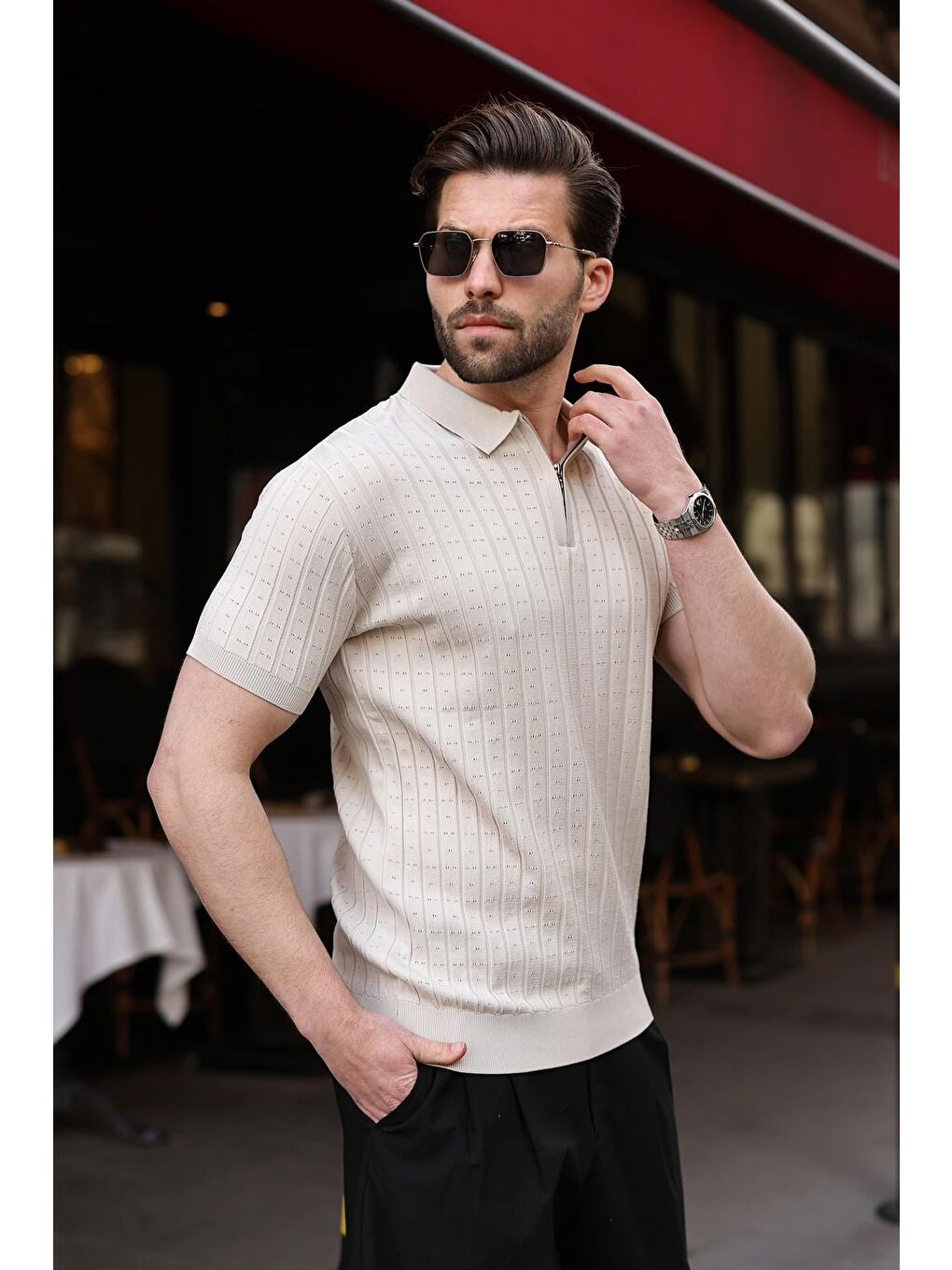 Bej Taş Rengi Polo Yaka Slim Fit Triko Erkek Tişört E7465-4