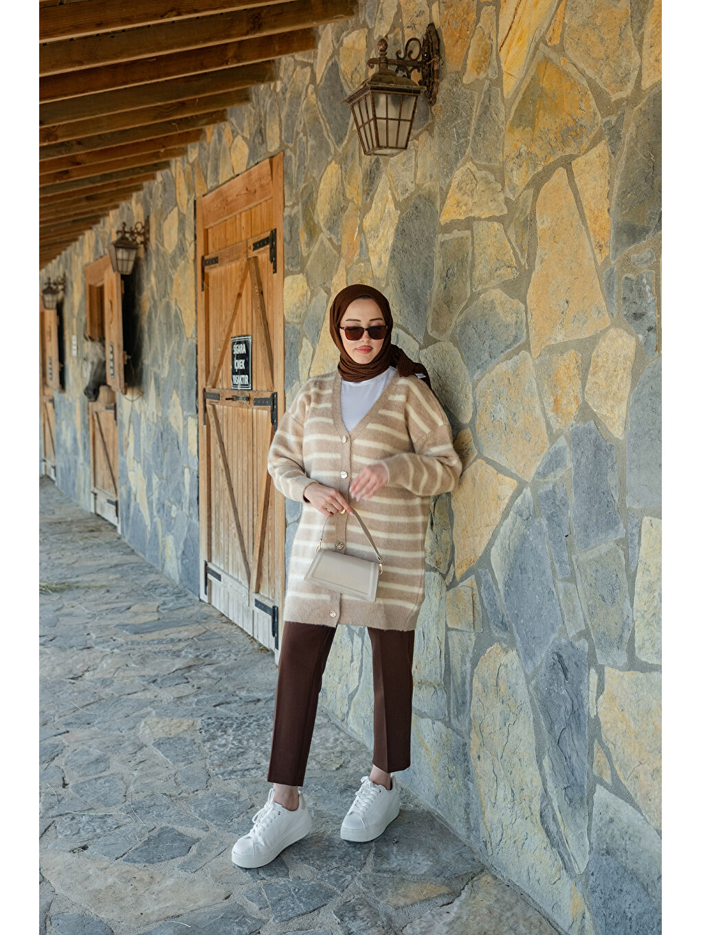 Bej Kadın Çizgili Uzun Triko Ceket Vizon-3