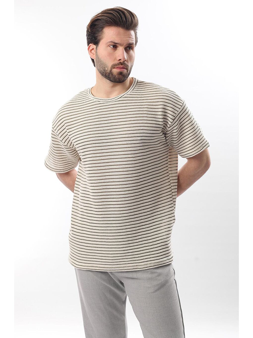 Haki Bisiklet Yaka Pamuklu Çizgili Erkek Tişört E7121-1