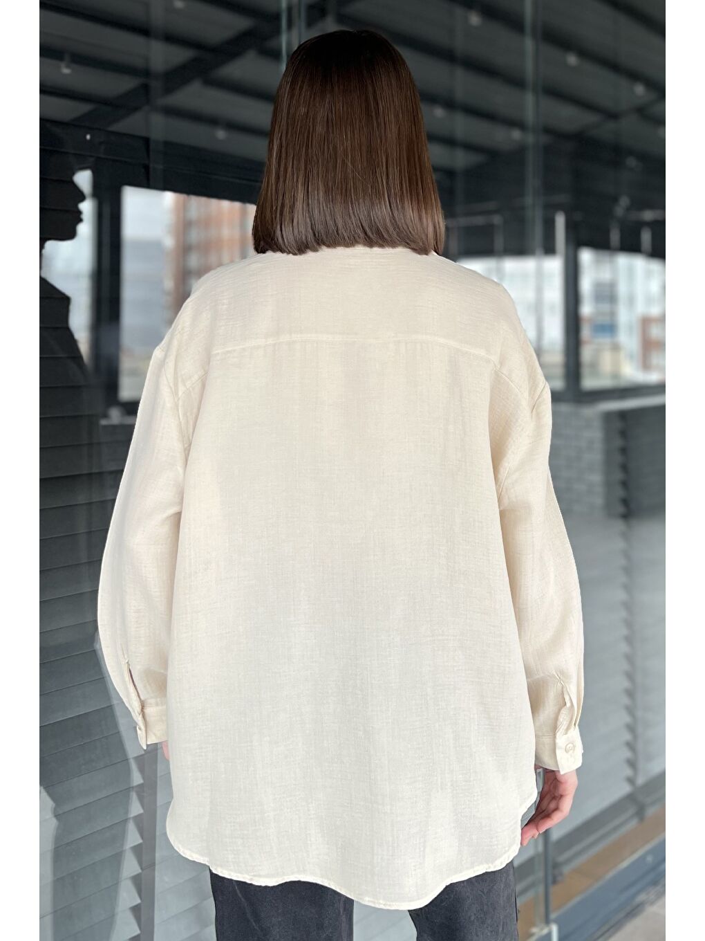 Bej Kadın Uzun Kol Basic Salaş Gömlek-2