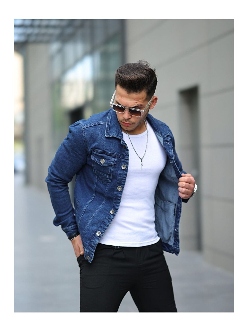 Lacivert Erkek Trend Polo Yaka Slim Fit Denim Jeans Mavi Jean Ceket-1