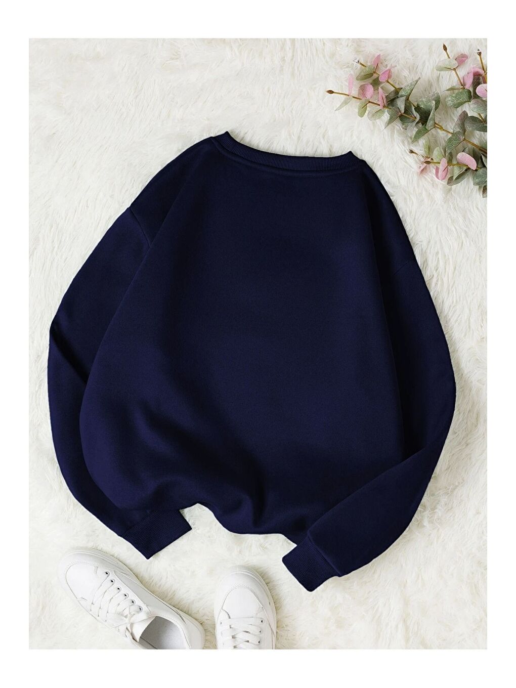 Kadın Lacivert Flower Baskılı Bisiklet Yaka Sweatshirt-1