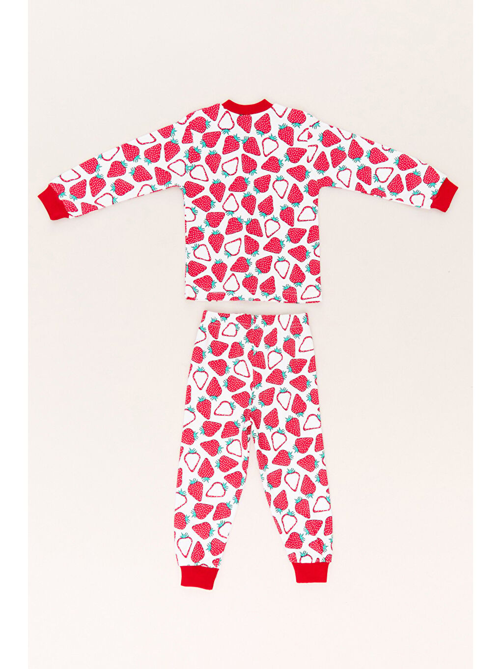 Beyaz %100 Pamuk Çilek Baskılı Çıtçıtlı Kız Çocuk Pijama Takımı-1