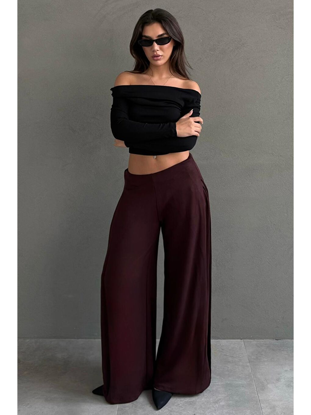 Bordo Yumuşak Dokunuşlu, Yanları Pilili, Modal İçeren Geniş Paça Pantolon Mg2668